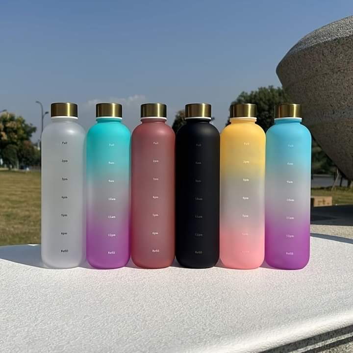 1000ML Large Capacity Matte Water Bottle Plastic Cup with Copper Lid Transparent Frosted Cup Time Marker Cup