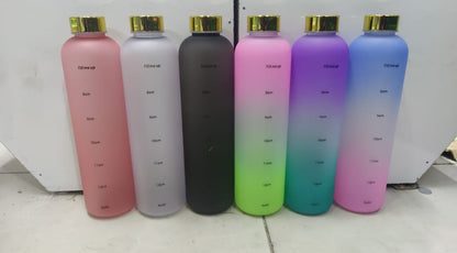 1000ML Large Capacity Matte Water Bottle Plastic Cup with Copper Lid Transparent Frosted Cup Time Marker Cup