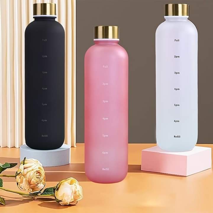 1000ML Large Capacity Matte Water Bottle Plastic Cup with Copper Lid Transparent Frosted Cup Time Marker Cup