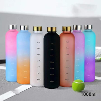 1000ML Large Capacity Matte Water Bottle Plastic Cup with Copper Lid Transparent Frosted Cup Time Marker Cup